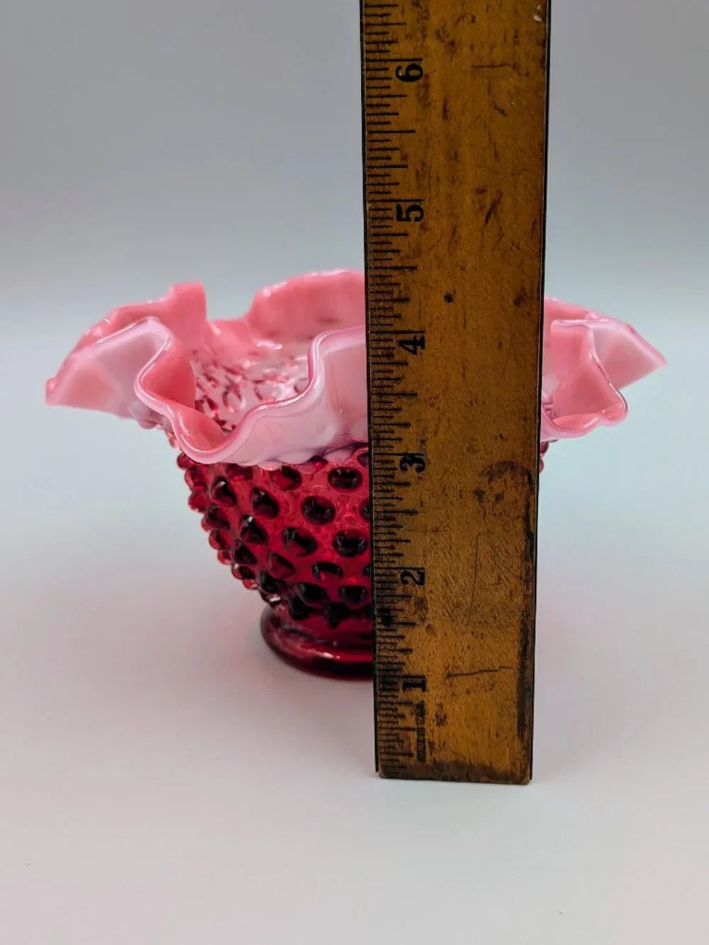 Vintage Fenton Cranberry Opalescent Hobnail Ruffled Bowl  - Midcentury Art Glass